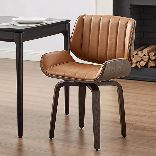 Art Leon Desk Chair No Wheels Mid Century Modern Swivel Accent Chair with Solid Wood Legs Faux Leather Upholstered Office Chair Grey Oak Bentwood Orange Brown
