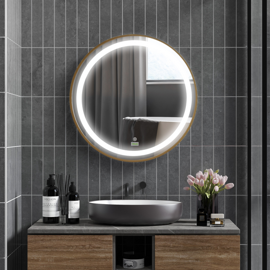 LED Bathroom Mirror Wall Mounted Round Vanity Mirror w/ Lights, Time Display