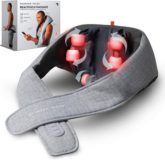 Gray neck and shoulder massager with red lights on a white background, featuring Sharper Image branding.