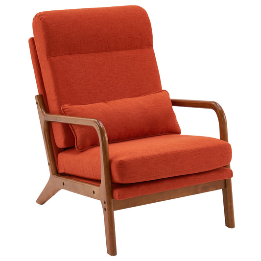 High Back Solid Wood Armrest Backrest Iron Frame Linen Indoor Leisure Chair Burnt Orange Color