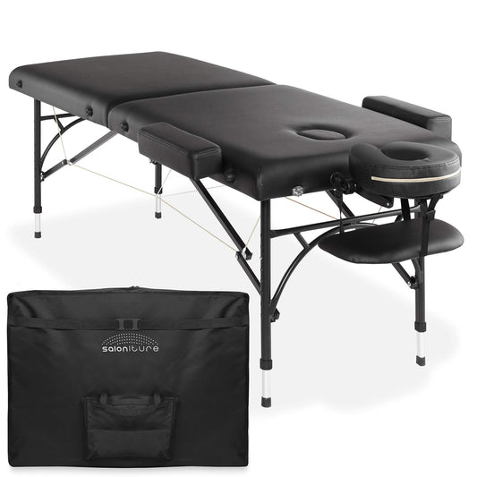 Saloniture Professional Portable Lightweight Bi-Fold Massage Table with Aluminum Legs - Includes Headrest Face Cradle Armrests and Carrying Case - Black