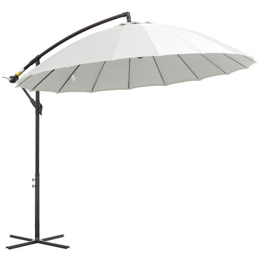 White patio umbrella with a black stand on a white background