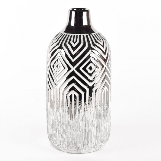 Silver & White Geometric Vase 24.5cm