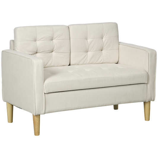 Compact Loveseat Sofa 2 Seater Sofa with Storage and Wood Legs Cream