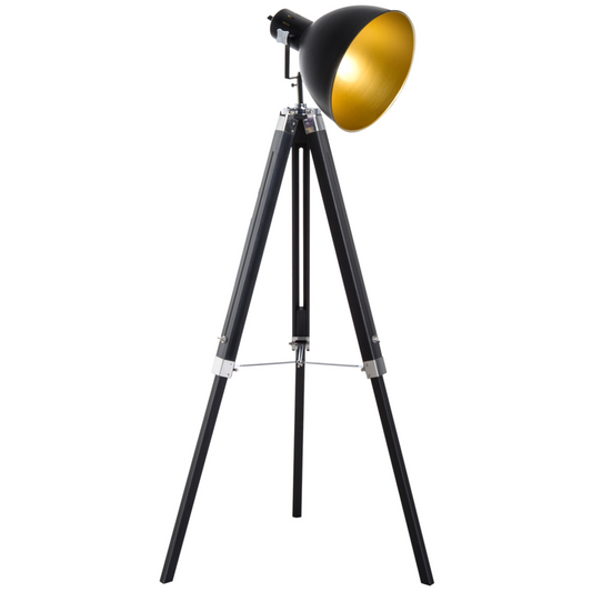 Retro Tripod Floor Lamp Dome Shade Light Wooden Legs-Black/Gold
