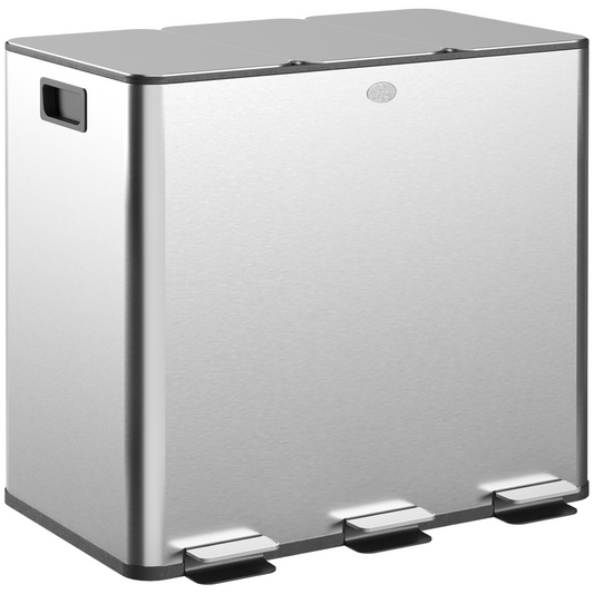 3 x 15L Triple Kitchen Bin Pedal Bin for Recycling and Waste, Silver