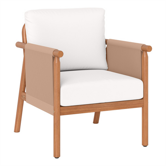 Wooden armchair with white cushion on a white background