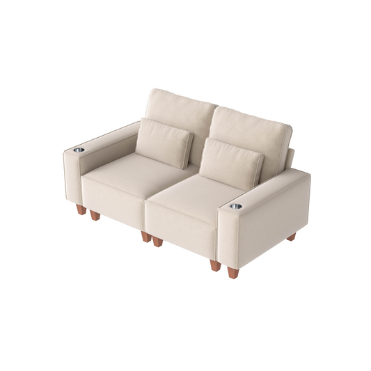 Chenille Deep Seat 2-Seater Sofa with Brushed Stainless Steel Cup Holders and 2 Decorative Pillows, Modern Cozy Loveseat for Living Room