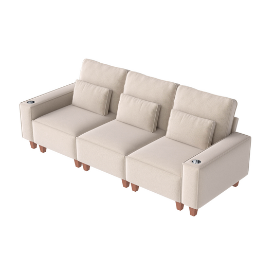 Chenille Deep Seat 3-Seater Sofa with Brushed Stainless Steel Cup Holders and 3 Decorative Pillows, Modern Comfortable Couch for Living Room
