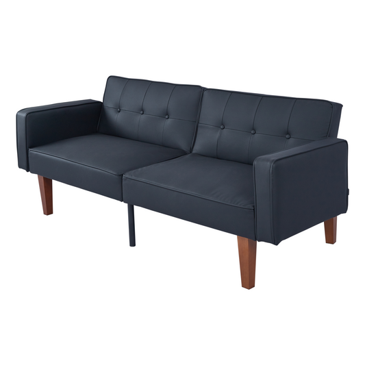 Modern PU Leather Futon Sofa with Tufted Backrest, Adjustable Reclining Couch with Wood & Metal Legs, Mid-Century Style Sofa for Living Room