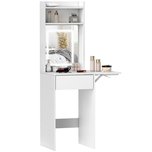 Compact Dressing Table with Lighted Mirror Open Shelves Drawer White