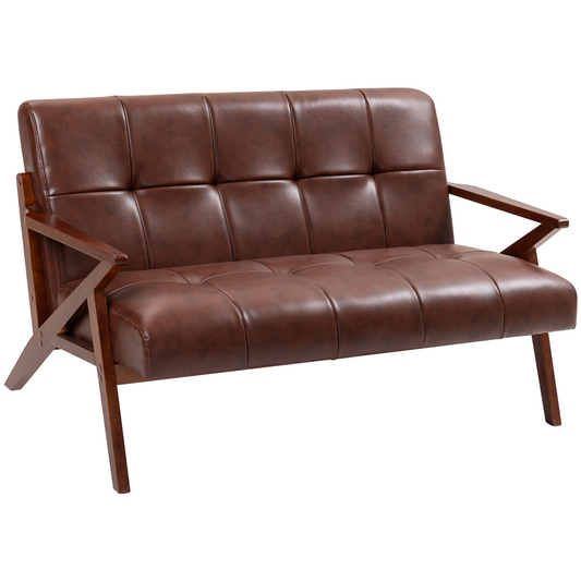 Brown leather sofa with wooden frame on a white background