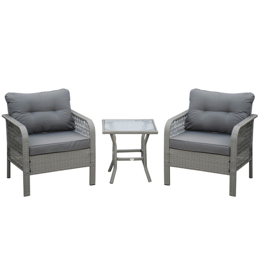 3 Pieces Patio PE Rattan Bistro Set w/ Armchairs Tempered Glass Table Outsunny