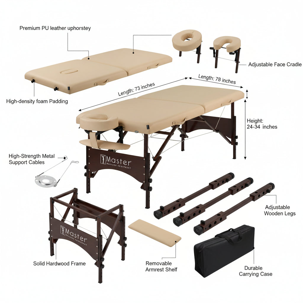 Beige massage table with brown frame on a white background, featuring 'Master Massage Equipment' logo.
