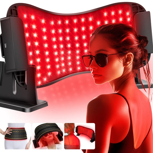 Woman wearing sunglasses with a red light therapy device in the background