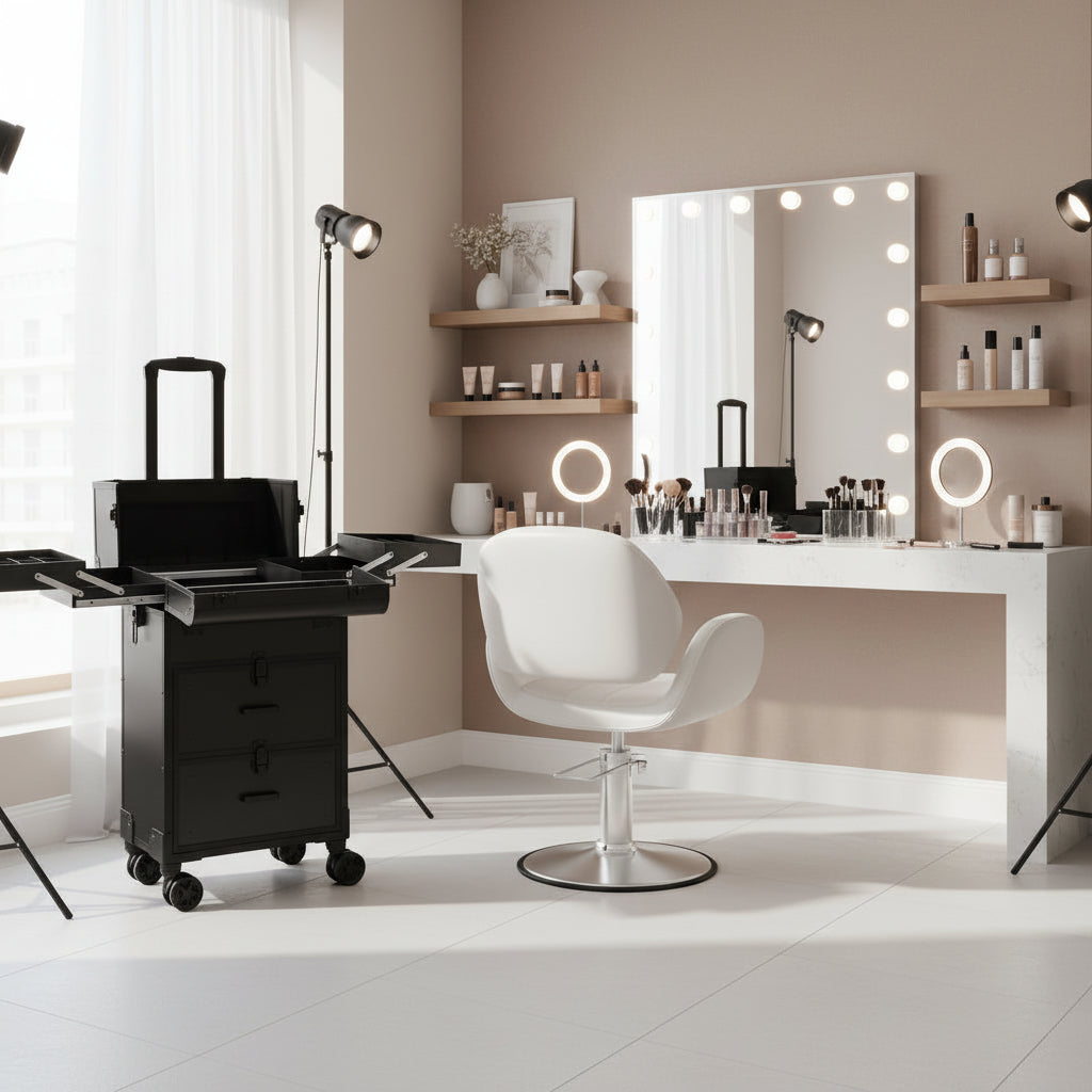 Modern makeup station with vanity mirror, chair, and grooming tools in a well-lit room.