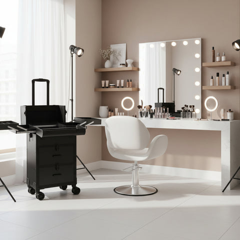 Modern makeup station with vanity mirror, chair, and grooming tools in a well-lit room.