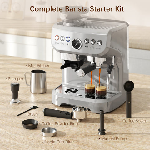 Espresso Machine, Bean Grinder & Steam Wand, 15 Bar Pressure, Silver.
