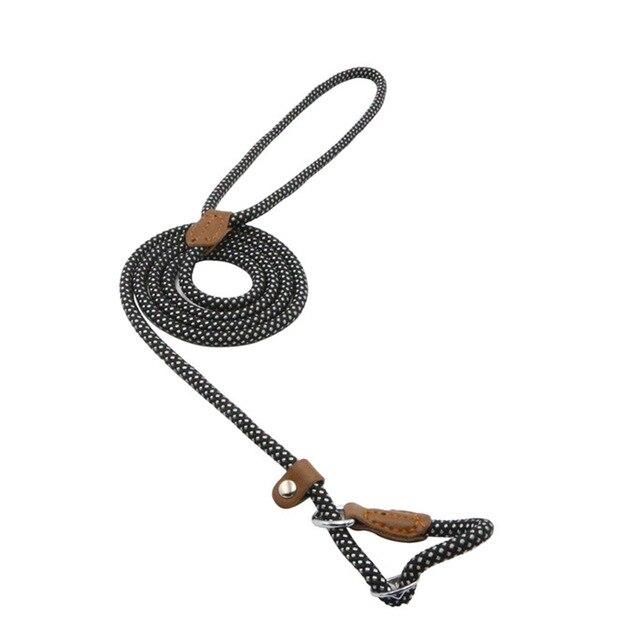 Dog leash with black pattern and brown leather ends on a white background