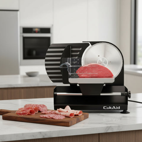 CukAid meat slicer with a piece of meat being sliced on a white background