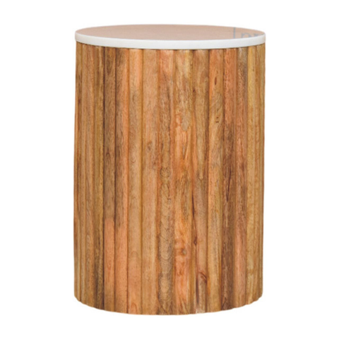 Artisan Furniture Solid Wood Fluted Marble Side Table, Brown & White