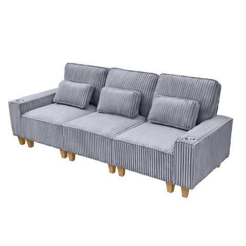 Deep Seat 3-Seater Corduroy Sofa with Brushed Stainless Steel Cup Holders and 3 Decorative Pillows, Modern Comfort Couch for Living Room