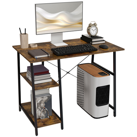 Computer Table Wor Desk with Shelves & Steel Frame, Rustic Brown