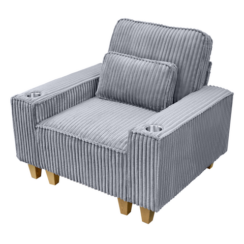 Deep Seat Corduroy Armchair with Brushed Stainless Steel Cup Holder and Decorative Pillow, Cozy Accent Chair for Living Room
