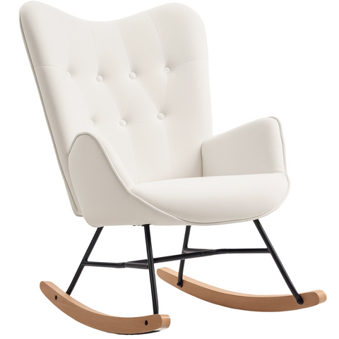 Upholstered Velvet Rocking Chair with Solid Wood Legs, Cream