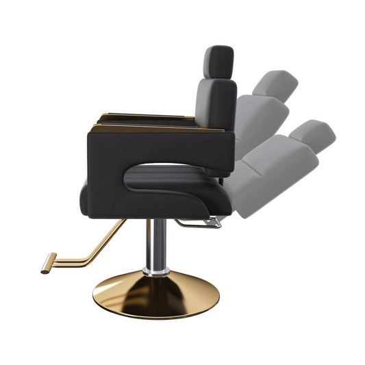 Black and gold salon chair with reclining feature on a white background