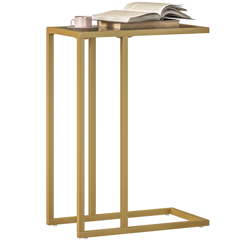 C-Shaped Side Table, End Table with Tempered Glass Tabletop, Gold