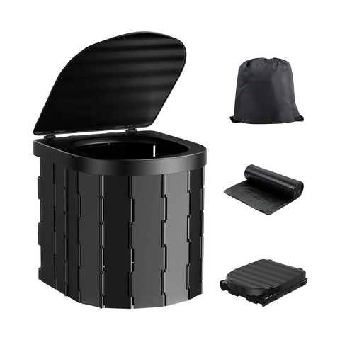 Black compost bin with various components on a white background