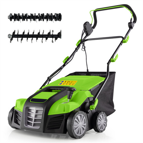 Corded Electric Lawn Dethatcher with 16-Inch Cutting Width, Wear-Resistant Wheels & Large Removable Grass Bag for Home Lawn - Green