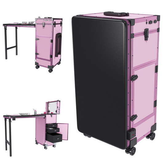 Portable Nail Art Table w/ LED Mirror, Bluetooth, Lockable Drawers, Telescopic Pole - Folding Manicure Station for Salons (Pink)