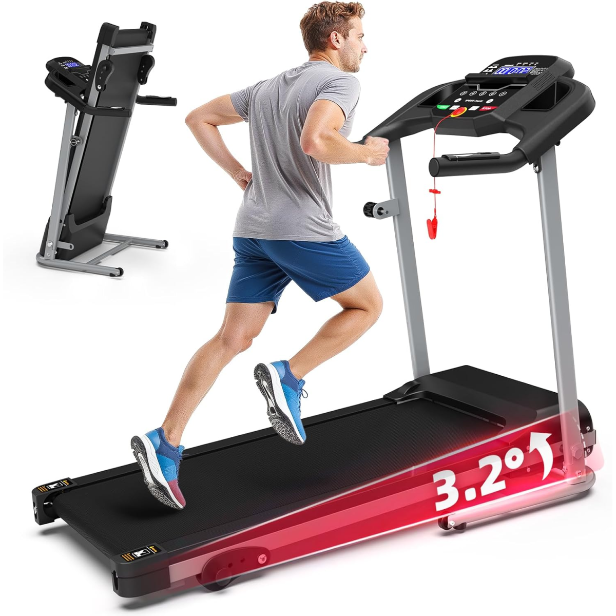 Man running on a treadmill with digital display and incline indicator.