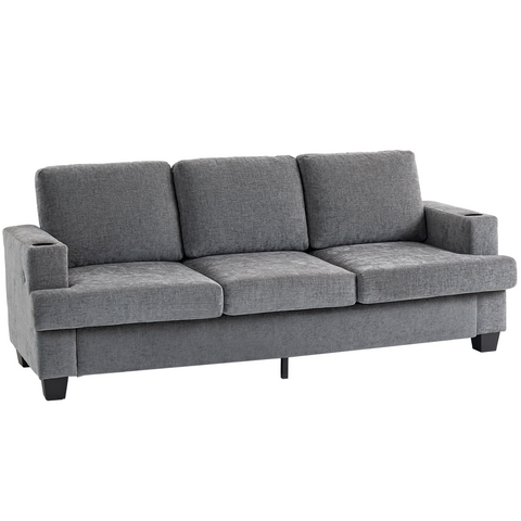 3 Seater Sofa, Fabric Sofa with USB Ports and Cup Holders, Grey