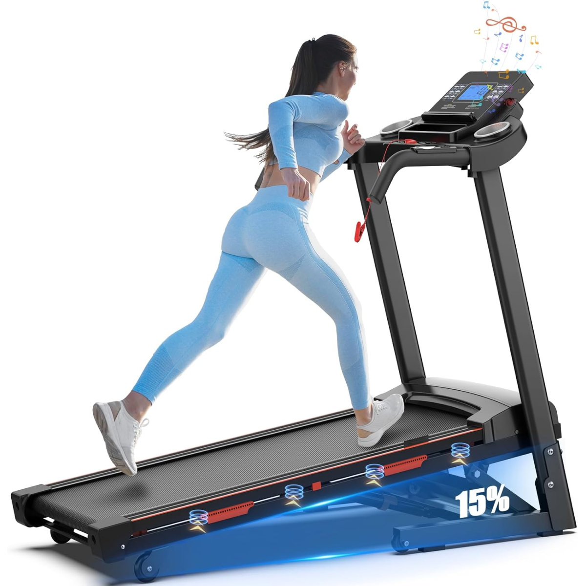 Woman running on a treadmill with a blue incline
