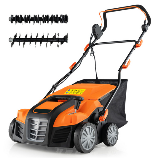 Corded Electric Lawn Dethatcher with 16-Inch Cutting Width, Wear-Resistant Wheels & Large Removable Grass Bag for Home Lawn - Orange