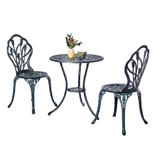 3 PCS Outdoor Bistro Set, All-Weather Cast Aluminum Tulip Bistro Table and Chairs Set of 2, Patio Bistro Set for Backyard, Garden, Balcony (Green)