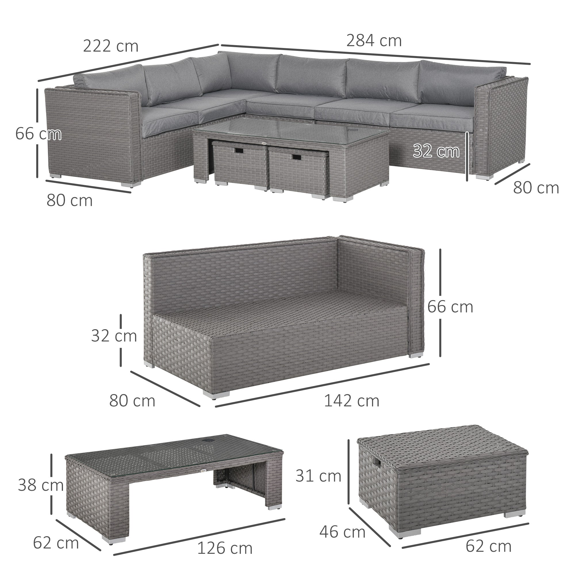 Dimensions of a gray outdoor sectional sofa set with tables on a white background