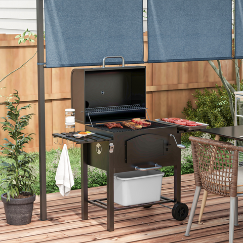 Charcoal Grill BBQ Trolley w/ Adjustable Charcoal Height & Thermometer