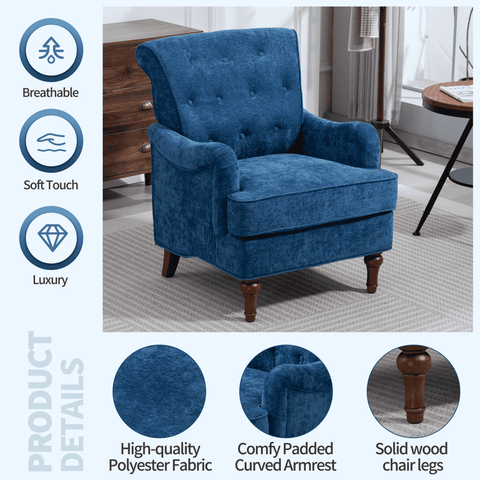 Accent Chair With Comfy Chenille Club Fabric,Comfy Upholstered Living Room Arm Chair,Springs Cushions & Retro Wooden Legs,Fabric Sofa Chair Reading Chair for Bedroom Office,Holds 300lbs(Blue)