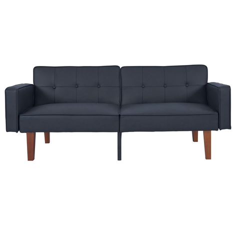 Modern PU Leather Futon Sofa with Tufted Backrest, Adjustable Reclining Couch with Wood & Metal Legs, Mid-Century Style Sofa for Living Room