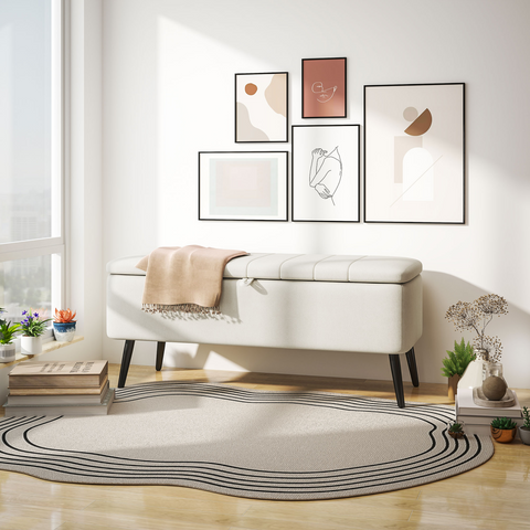 Storage Ottoman Bench, Linen Fabric Footstool with Steel Legs Cream White