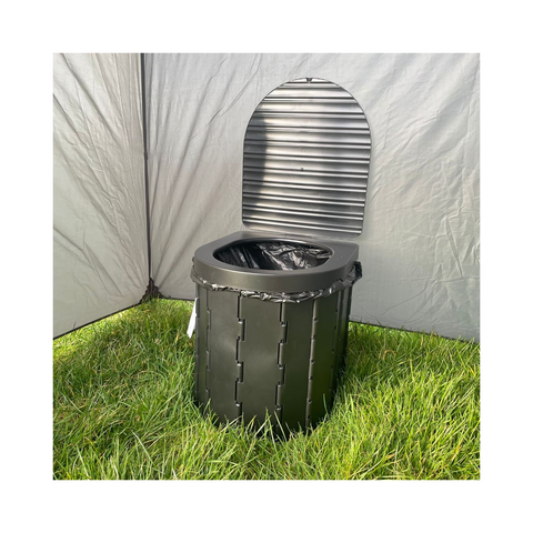 Green trash can with metal liner against a white tent background