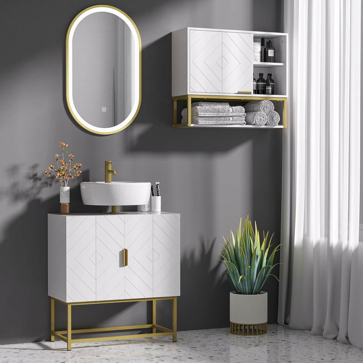 Bathroom setup with white vanity, mirror, and shelves against a gray wall.