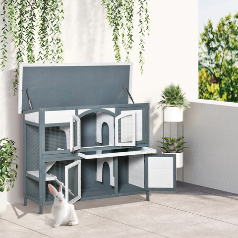 Two-Tier Wooden Rabbit Hutch Bunny Run w/ Openable Roof, Slide-Out Tray, Ramp
