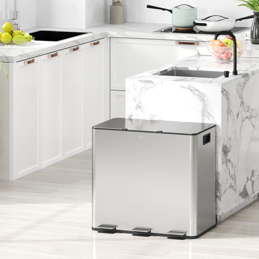 3 x 15L Triple Kitchen Bin Pedal Bin for Recycling and Waste, Silver