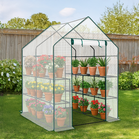 Mini Walk-in Greenhouse with PE Cover, 8-Shelf Indoor Outdoor Plant Gardening Green House for Garden Backyard, 56" x 56" x 77", White