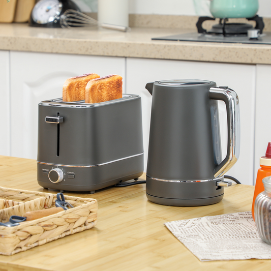 1.7L 3000W Fast Boil Electric Kettle and 2 Slice Toaster Set, Grey